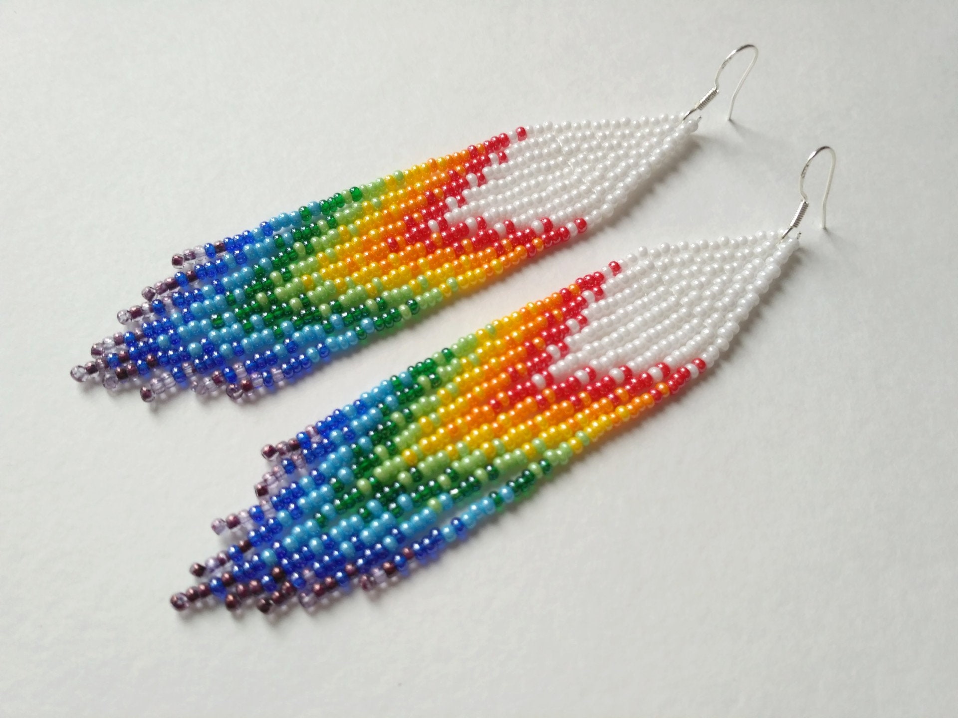 Rainbow beaded earrings Colorful dangle earrings Fringe Etsy