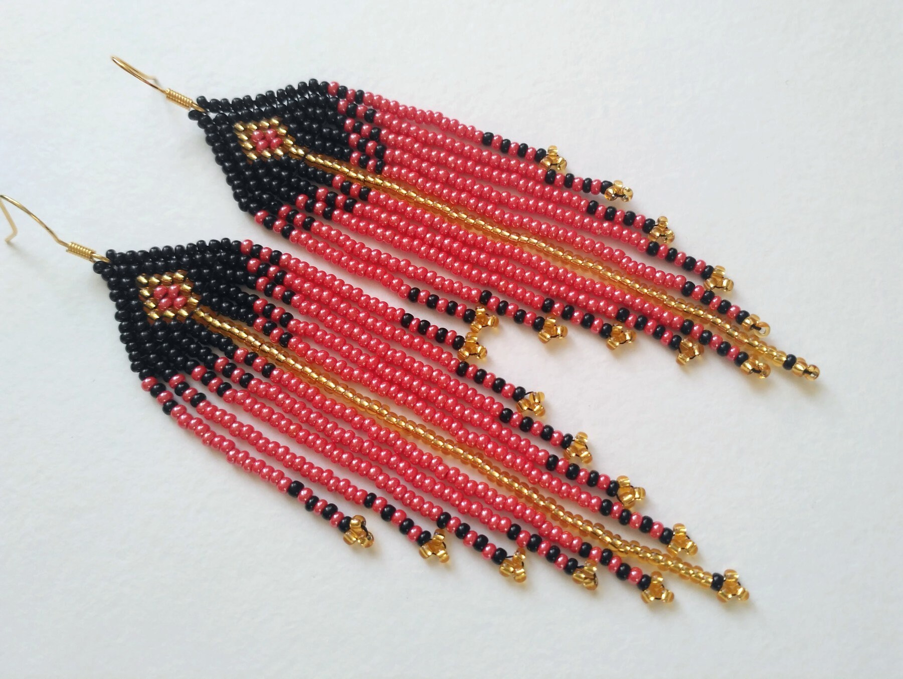 Seed bead earrings Native beaded earrings Red long beaded Etsy