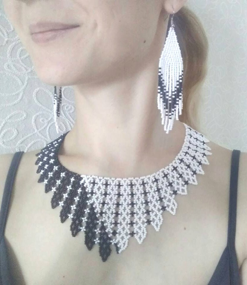 Black White Jewelry Beaded Collar Necklace Black White | Etsy
