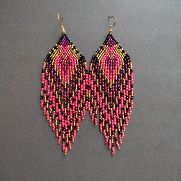 Black red beaded earrings gold earrings Long red bead earrings Seed bead earring Native style earring Beadwork earrings Fringe Dangle