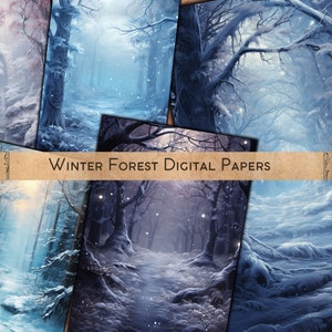 Printable Enchanted Winter Forest Digital Paper, Snow Forest Background, Fantasy Landscape Backdrop, Junk Journal, Scrapbooking