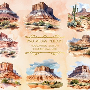Akwarela Mesas i Buttes Clipart - zachodni krajobraz pustyni Format PNG natychmiastowe pobranie do użytku komercyjnego