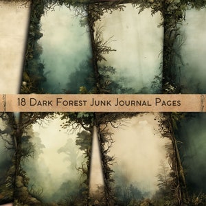 Dark Forest Junk Journal Seiten PNG, A5 druckbare Collage Bogen, digitales Scrapbook Papier, Wald Ephemera Kit, Vintage Bäume Hintergrund