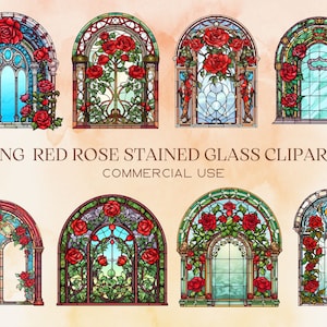 Red Rose Stained Glass Windows Clipart - fantasy clip art graphics en collage sheets voor veranderde kunst of junk journals instant download