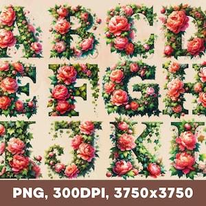 Pfingstrose und Efeu Leuchtbuchstaben Clipart Bundle 26 Englisch Alphabet Clipart Blumen Clipart Buchstaben PNG | Kommerzielle Nutzung Clipart Transparent