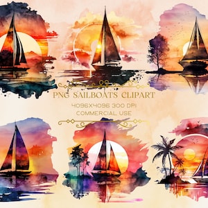 Watercolor Sunset Sailboat PNG Clip Art Bundle, Tropical Sunset, Sunset Sailing Painting - Nautical Wall Art Decor for Commercial Use
