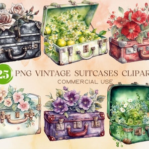 Voyage en cuir classique Floral valise Clipart éléments, utilisation commerciale Bundle PNG, téléchargement numérique, Scrapbooking, fabrication de papier