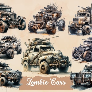 Vintage Zombie Cars aquarel clipart, klassieke auto - antieke post-apocalyptische auto's Instant Digitale Download, klassieke auto's PNG