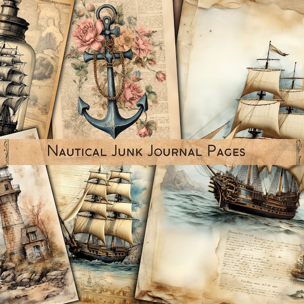 Nautical Junk Journal Kit, Digital Scrapbook Pages, Printable Collage Sheet, Vintage Marine Ephemera, Shabby Chic Beach Paper
