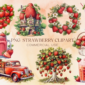 Aquarelle fraise PNG Clip Art Bundle Illustrations, éléments de Scrapbooking de fruits de jardin, décorations de planificateur d'été, Illustrations alimentaires