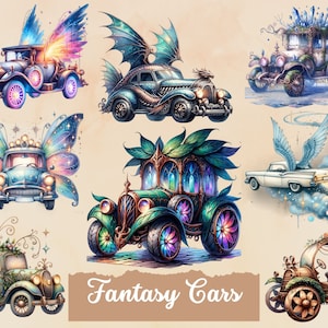 Fantasy Cars Watercolor Clipart Collection, Classic Automobile Images Bundle - Antique Cars Instant Digital Download, Classic Cars PNG