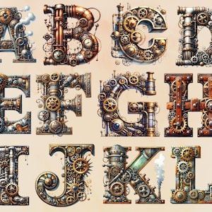 Steampunk Alphabet Bundle PNG, Steampunk Letters Clip Art, Téléchargement numérique Utilisation commerciale, Lettrage fantastique, Typographie de police Steampunk