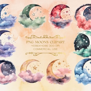 Pacchetto ClipArt PNG Luna acquerello, Png Celestiale, ClipArt Galaxy Fantasy, Inviti di nozze, Download istantaneo del Cielo per uso commerciale