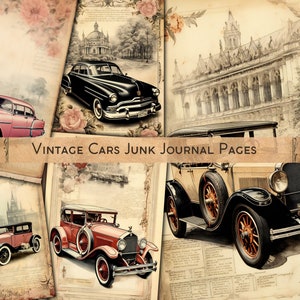 Vintage Cars Junk Journal Pages, Retro Auto-Themed Unique Old Cars Illustrations, Scrapbooking Ephemera, DIY Art Journal, Classic Vehicles