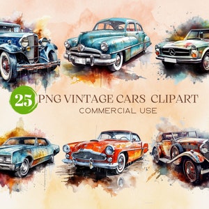Vintage Cars Watercolor Clipart Collection, Classic Automobile Images Bundle - Antique Cars Instant Digital Download, Classic Cars PNG