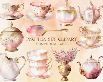 水彩ピンクのティークリップアートセット：花柄ティーパーティー