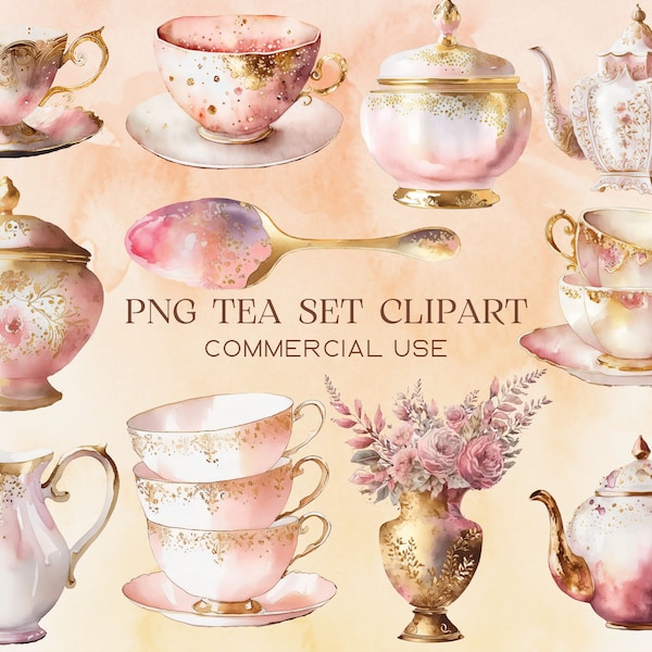 Watercolor Pink Gold Tea Clipart, Tea Cups Tea Pot, Garden Tea Party clip art PNG Graphics Instant Download for Commercial Use