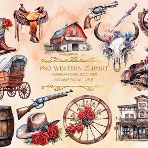 Aquarell Western Clipart, Texas Cowboy Ranch, Hut, Pistole, Western Saloon PNG sofortiger Download kommerzielle Nutzung für Einladungen, Scrapbooking