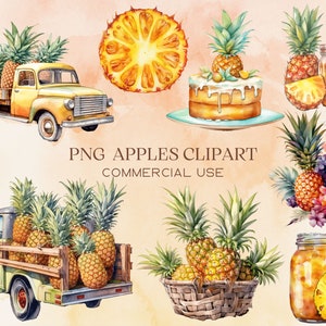 Watercolor Pineapple Clipart Bundle, Sublimation Designs, Pineapple Juice, Pineapple Basket, Pineapple Cake, Truck with Pineapples