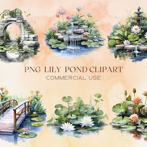 Aquarela Lily Pond Clipart - Primavera Lindas Flores De Lírio E Ponte De Almofada, Paisagem, Fonte Lago PNG Uso Comercial