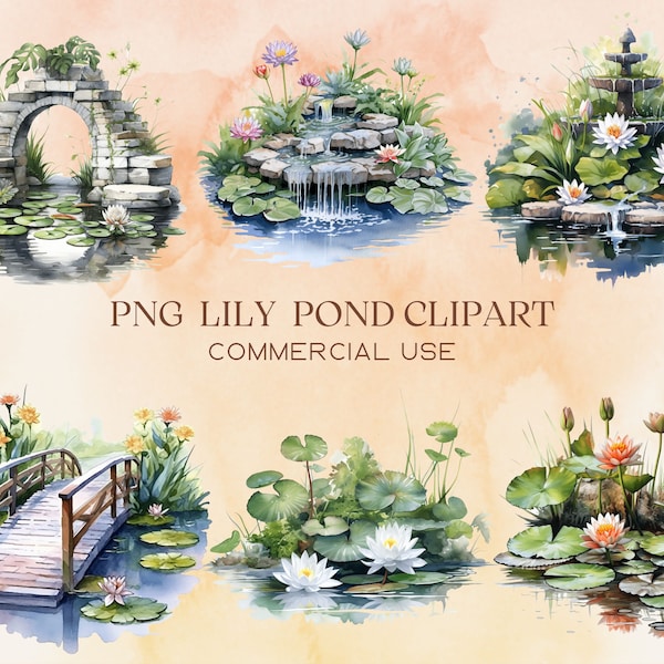 Watercolor Lily Pond Clipart - Springtime Cute Lily Flowers and Pad Bridge, Landscape, Fountain Pond PNG Commercial Use