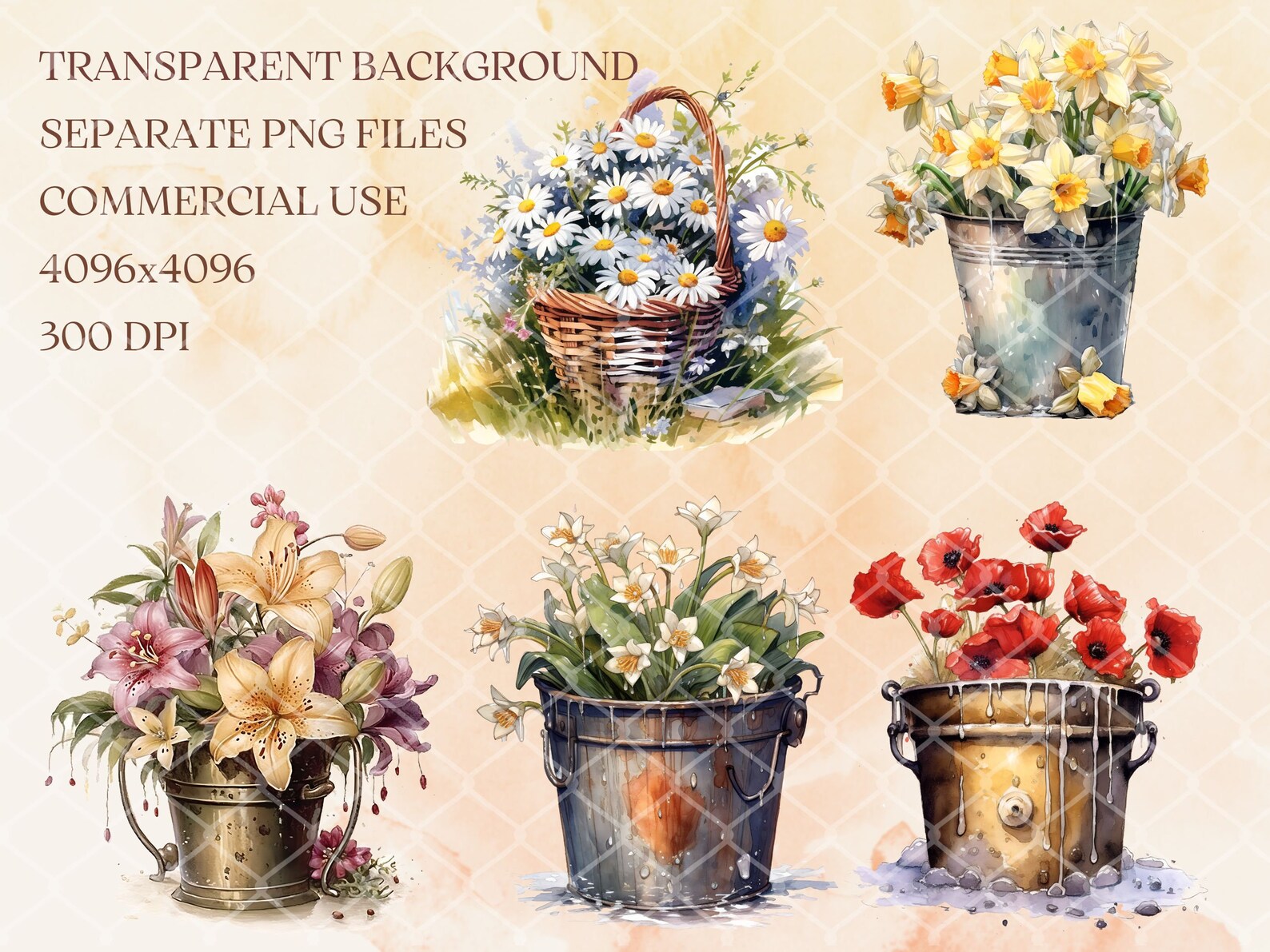 Watercolor Floral Buckets PNG Clipart Bundle, Digital Scrapbooking ...