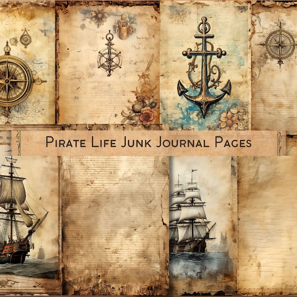 Pirate Life Collage Printable Junk Journal Kit, Scrapbooking Papers, Old Paper Pirate Ship Digital Paper Commercial Use