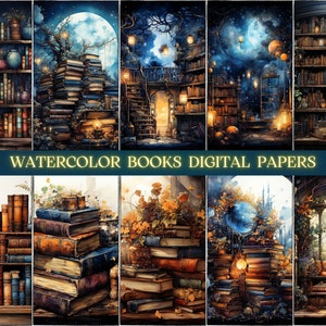 Aquarell Bücher Digital Papers Bundle, digitales Papier lesen, Vintage Bibliothek Junk Journal Kit, verzaubertes Buch druckbares Journal