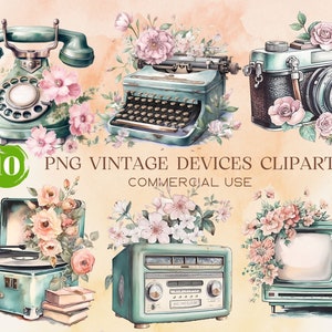Typewriter Png, Sewmachine Png, Old Dial Phone Png, TV png, Camera Png, Radio Png, Vintage Floral Devices Clipart Collection