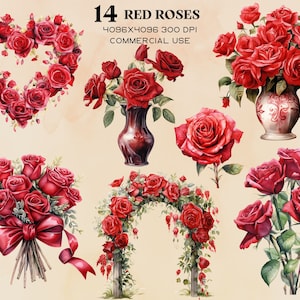 PNG Watercolor Red Roses Clipart Bundle, Red Rose PNG Clip Art, roses and leaves in PNG format instant download, Rose bouquet clipart set