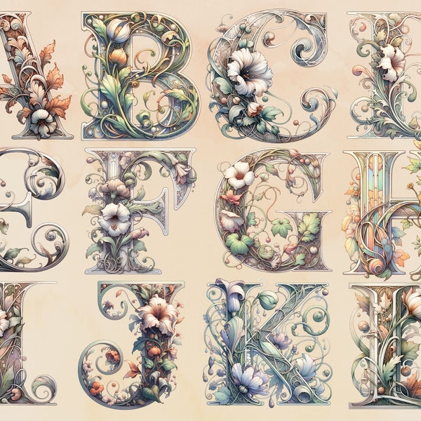 Art Nouveau Initials Clipart Bundle Full English Alphabet Mystical Illustration Fantasy Novel Clipart Magic PNG File Download