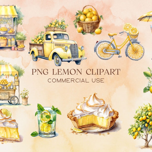 Watercolor Sweet Lemon Clipart Digital png Lemonade Stand, Citrus Fruit Graphics for Instant Download Commercial Use, Lemon Meringue Pie