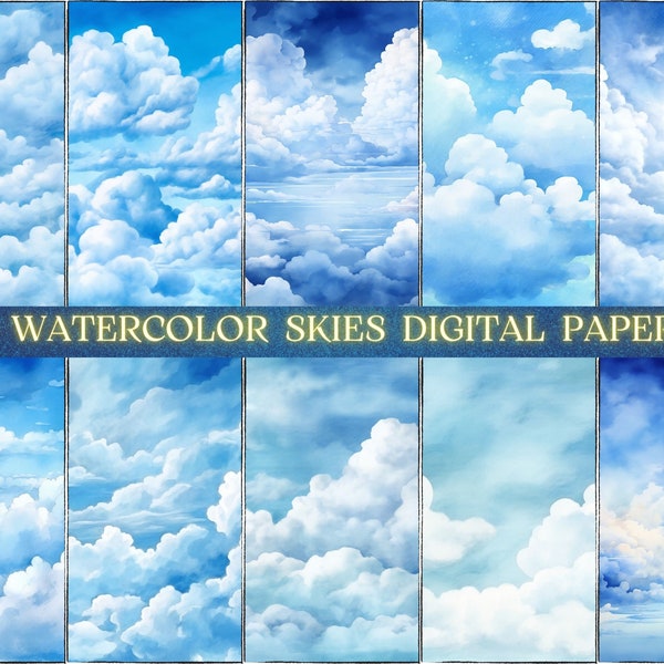 Watercolor Blue Cloudy Skies Digital Paper PNG, Watercolor Sky Clouds Png Background, Heaven Blue Texture Commercial Use, Scrapbooking