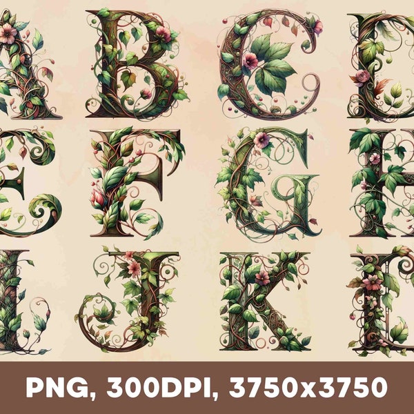 Bundle de cliparts Art nouveau initiales Alphabet anglais complet Illustration mystique Roman fantastique Clipart magie fichier PNG à télécharger