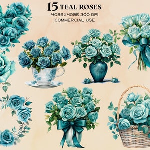 Aquarell Petrol Rose Clipart Bundle PNG-Dateien, sofortiger Download, persönliche und kommerzielle Nutzung, Floral Clip Art, Türkis Blumen