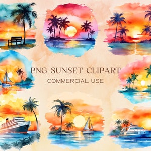 Watercolor Tropical Sunsets Clipart,PNG Beach Landscape, Palm Tree Beach, Watercolor Yacht Commercial Use Instant Download, Sublimation