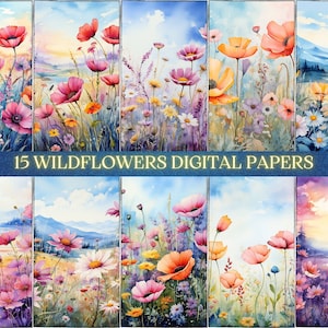Aquarel wilde bloemen digitale papierset, lentebloemen junk journal papier, afdrukbare lenteweide, digitale scrapbooking commercieel gebruik