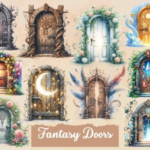 Fantasy Watercolor Doors Clipart Bundle PNG, Instant Download Fairy Doors, Scrapbook, Floral Door, Wooden overgrown Doorway Commercial Use