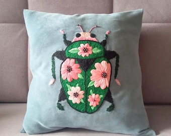 Hand-Embroidered Pillow Cover with Beetle Motif, Gift for Entomologist, Unique Insect Art Decor, For Beetle Lovers and Insect Admirers.