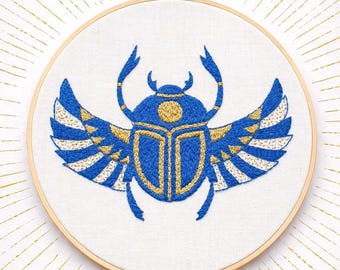 Embroidered Scarab Beetle Hoop – Symbolic Handmade Wall Art, Egyptian Inspired Fiber Decor