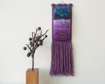 Small hand woven wall hanging. Tall, fluffy, vertical abstract landscape woven art. Nature inspired, narrow decoration for small rooms.