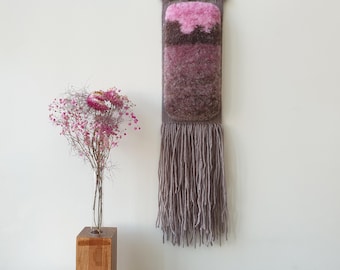 Hand Woven Wall Hanging, Tall Fluffy Landscape Art, Pink Beige Decor