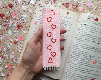 Valentines bookmark. Pink hand woven bookmark with red hearts for paper book lovers. Handmade fabric bookmark gift to librarian, friend.