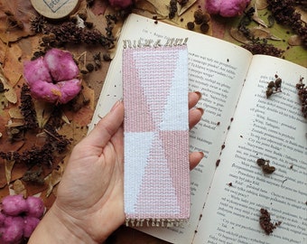 Pink and white yarn hand woven bookmark for paper book lovers. Handmade fabric bookmark gift to librarian, friend, sister, mother.