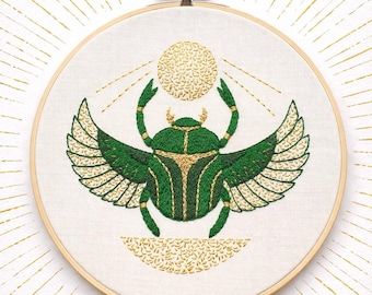 Embroidered Scarab Beetle Hoop – Symbolic Handmade Wall Art, Egyptian Inspired Fiber Decor