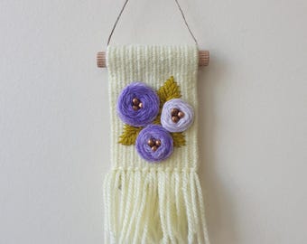 Mini woven wall hanging with with embroidered flowers. Small tapestry ornament . Gallery wall decoration. Rose flower embroidery art.