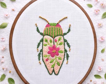 Floral beetle embroidery wall decor. Botanical insect decoration. Gift for a beetle lover, insect enthusiast, entomologist, nature admirer.