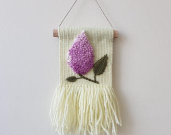 Mini woven wall hanging with with embroidered flowers. Small tapestry ornament . Gallery wall decoration. Flower embroidery art.