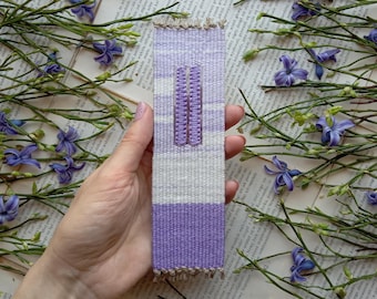 Purple handwoven bookmark for paper book lovers. Handmade gift for teacher, librarian, bookworm, sister, mother, friend, book nerd.