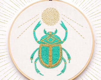 Embroidered Scarab Beetle Hoop – Symbolic Handmade Wall Art, Egyptian Inspired Fiber Decor